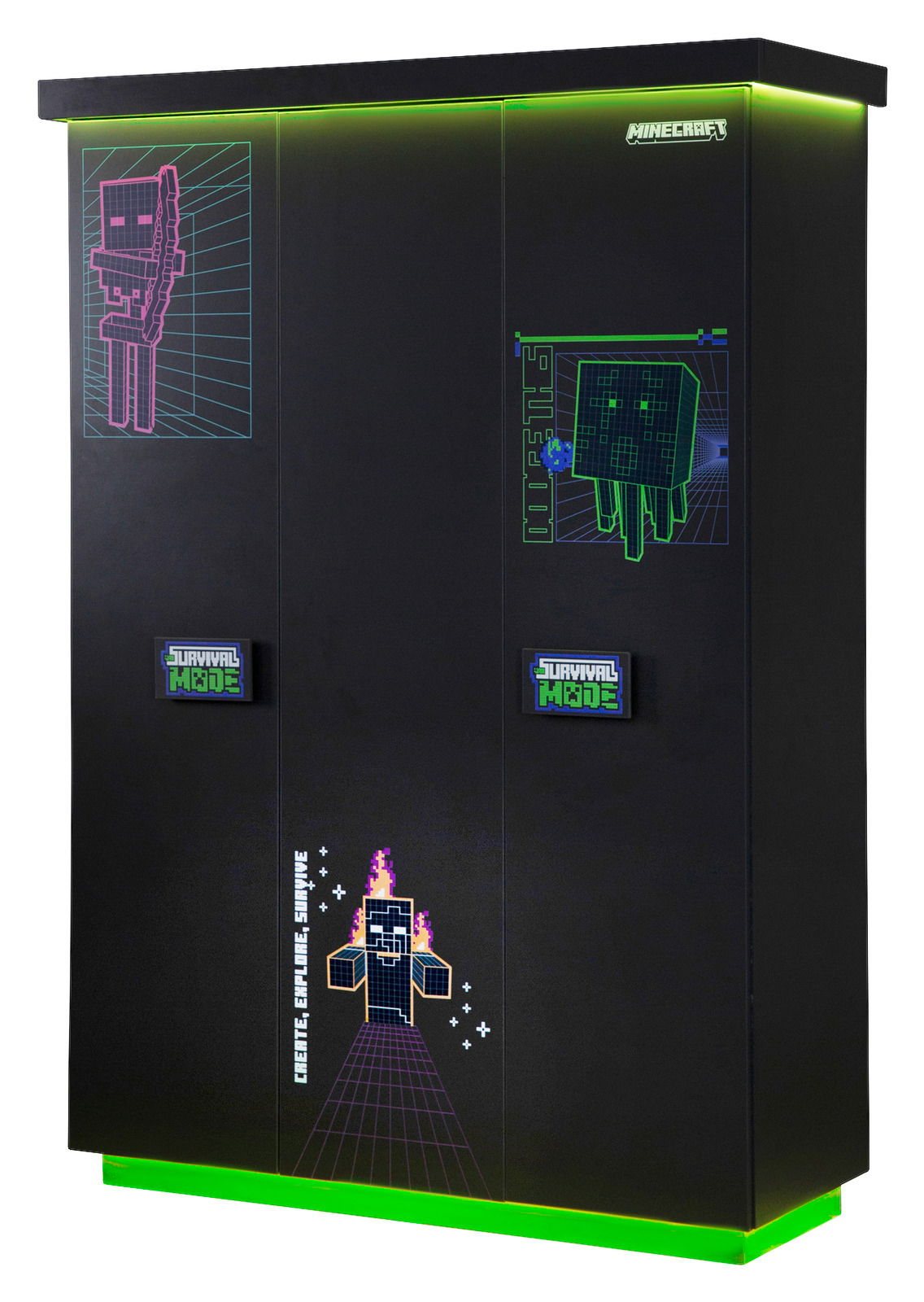 Schwarzer dreitüriger Kleiderschrank mit Minecraft-Motiven und grüner LED-Beleuchtung, seitliche Perspektive