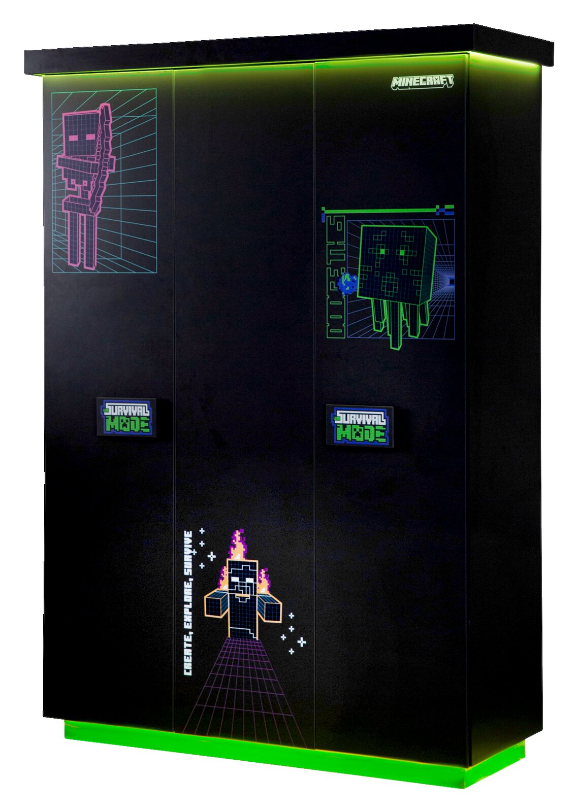Schwarzer dreitüriger Kleiderschrank mit Minecraft-Motiven und grüner LED-Beleuchtung, seitliche Perspektive