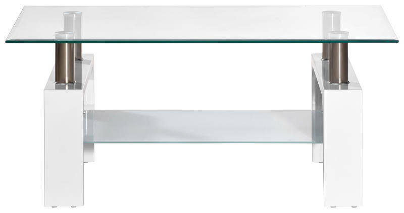 Moderner Couchtisch mit Glasplatte und weißem Gestell, frontal betrachtet.