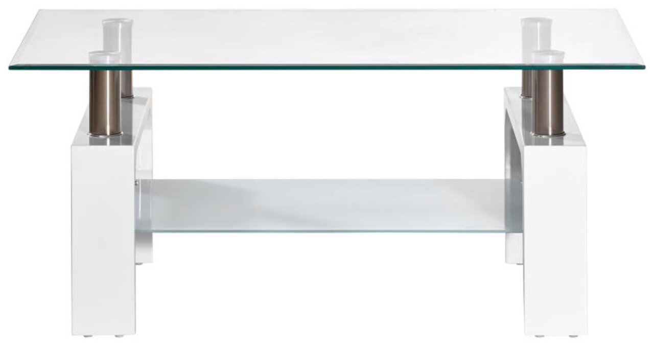 Moderne salontafel met glazen blad en wit onderstel, gezien vanaf de voorkant.