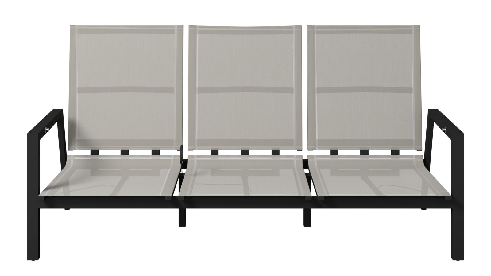 Dreier-Gartenbank mit schwarzem Metallrahmen und beigem Textilgewebe, Vorderansicht