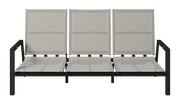 Dreier-Gartenbank mit schwarzem Metallrahmen und beigem Textilgewebe, Vorderansicht