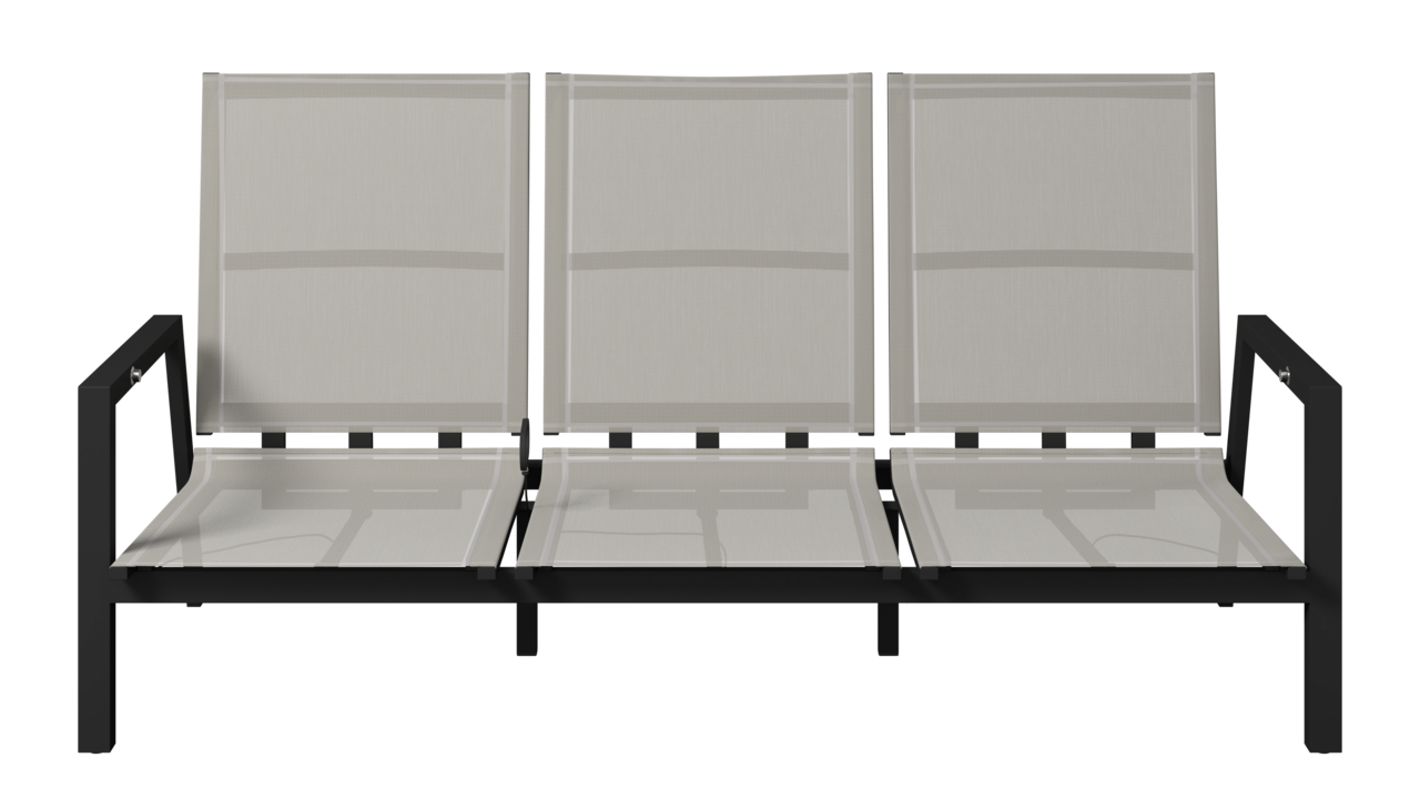 Dreier-Gartenbank mit schwarzem Metallrahmen und beigem Textilgewebe, Vorderansicht