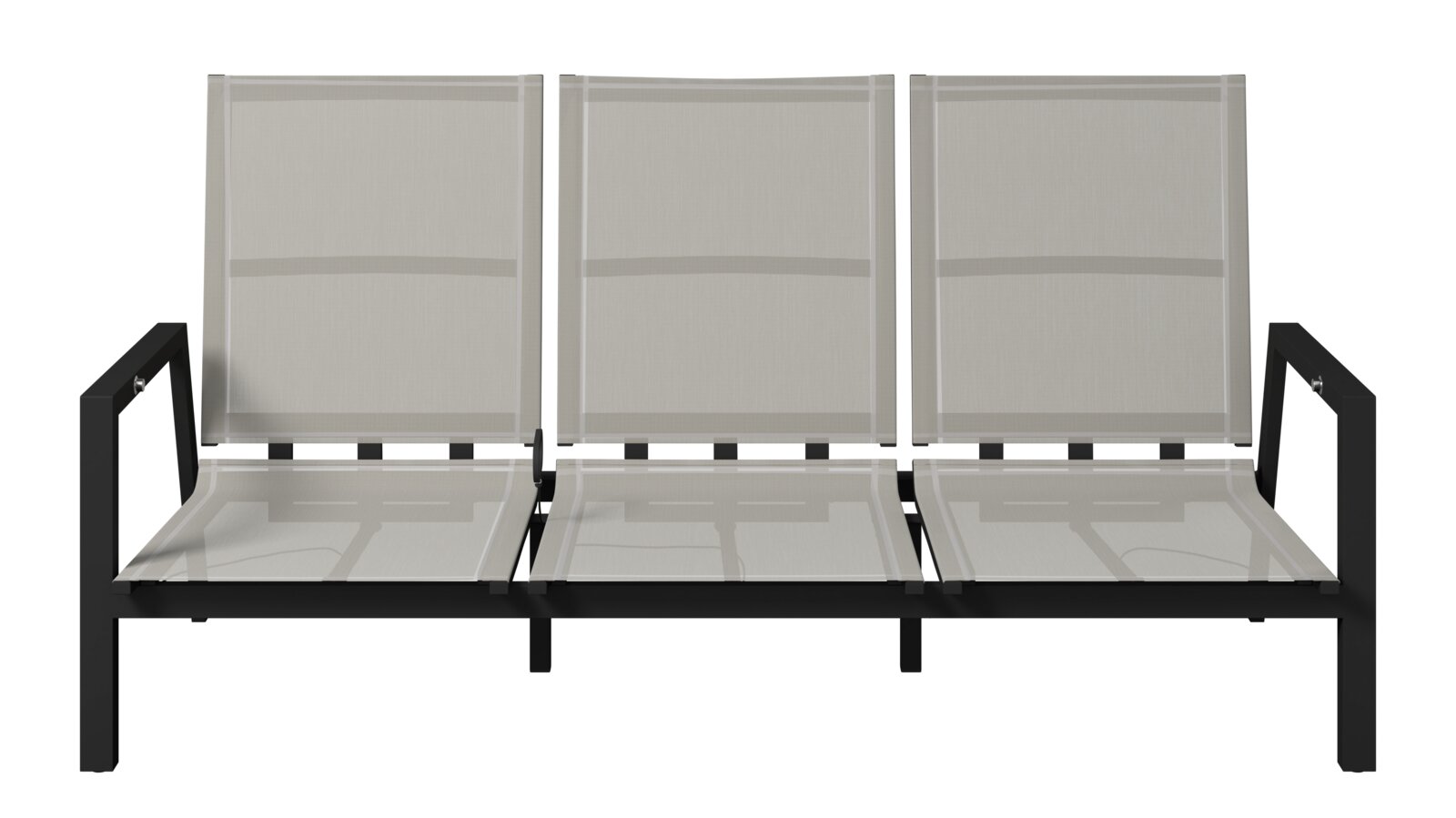Tuinbank voor drie personen met zwart metalen frame en beige textielbekleding, vooraanzicht