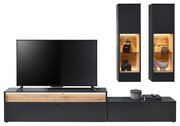 Moderne Wandkombination mit schwarzem TV-Schrank und zwei hängenden Vitrinen, frontal betrachtet.