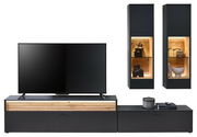 Moderne Wandkombination mit schwarzem TV-Schrank und zwei hängenden Vitrinen, frontal betrachtet.
