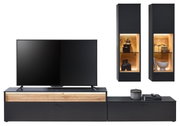 Moderne Wandkombination mit schwarzem TV-Schrank und zwei hängenden Vitrinen, frontal betrachtet.