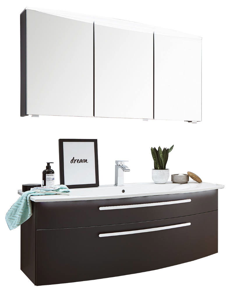 Moderner Badblock mit weißem Spiegelschrank und dunklem Waschtisch, Frontansicht.