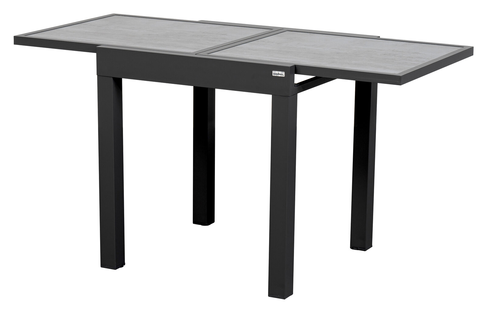 Moderner Gartentisch mit grauer Tischplatte und schwarzem Gestell, seitliche Perspektive