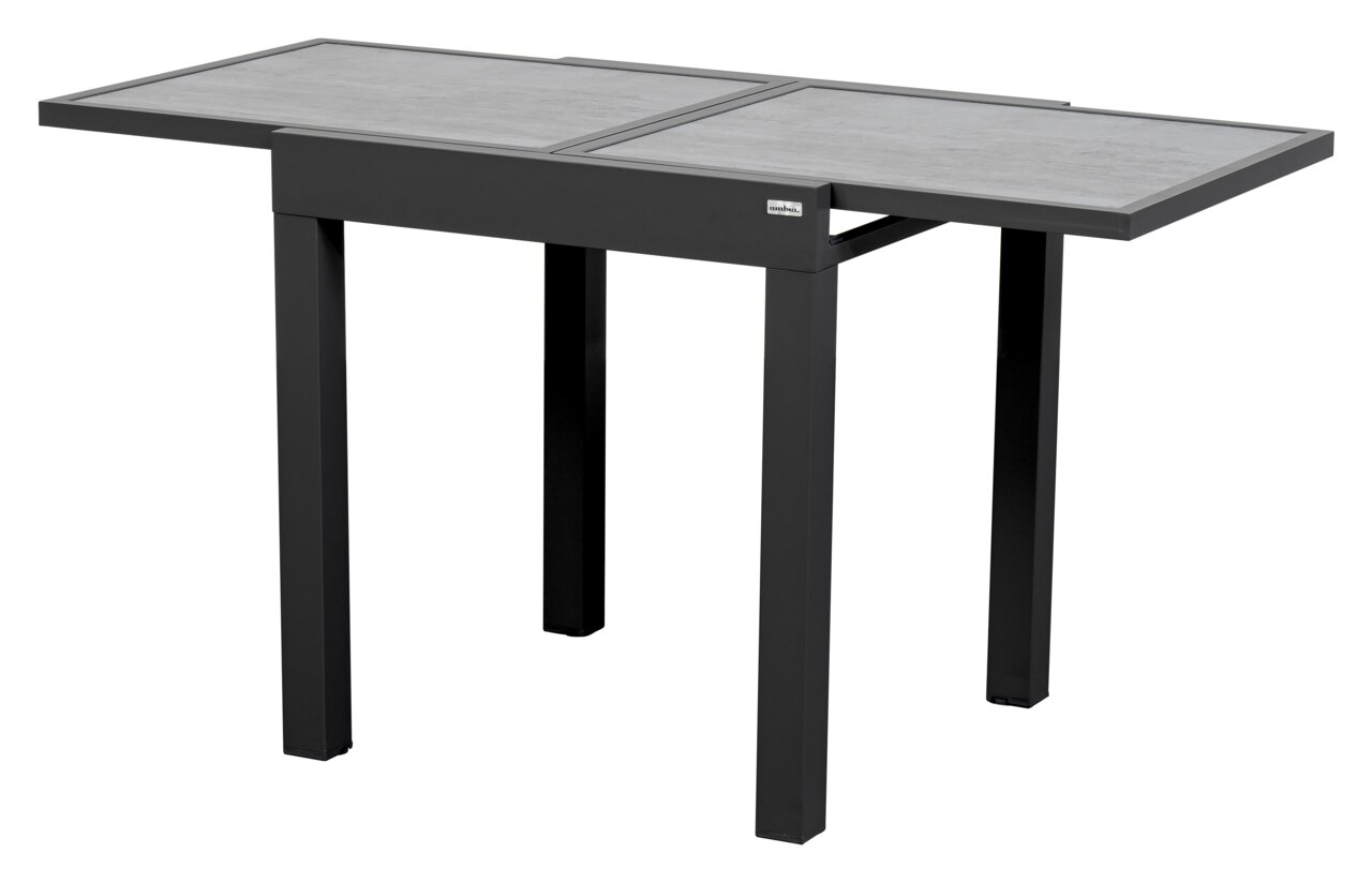Moderner Gartentisch mit grauer Tischplatte und schwarzem Gestell, seitliche Perspektive
