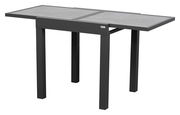Moderner Gartentisch mit grauer Tischplatte und schwarzem Gestell, seitliche Perspektive