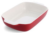 Rote Auflaufform mit Deckel, 32 cm, seitliche Perspektive