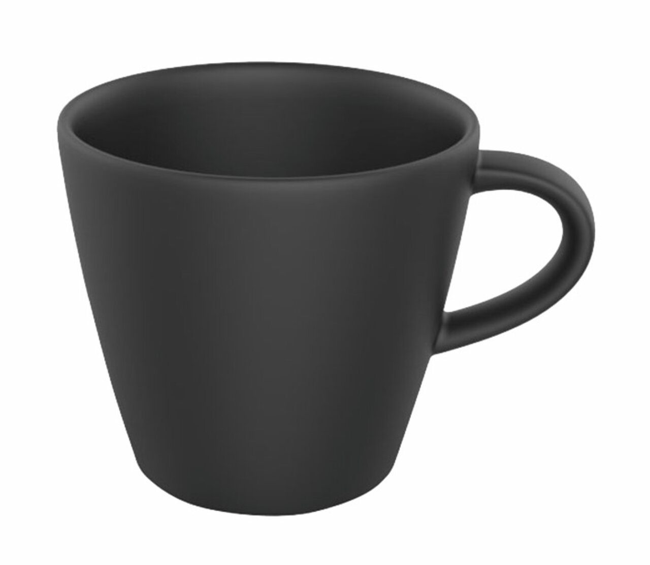 Schwarze Espressotasse aus Keramik, seitliche Perspektive