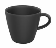 Schwarze Espressotasse aus Keramik, seitliche Perspektive