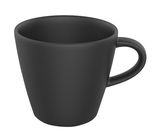Schwarze Espressotasse aus Keramik, seitliche Perspektive