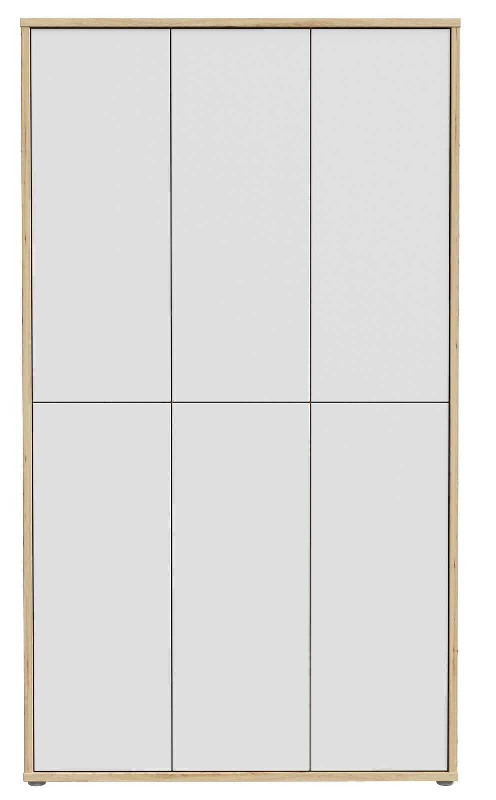 Frontansicht eines hohen, modernen XXL-Schuhschranks mit sechs Türen in schlichtem Design.