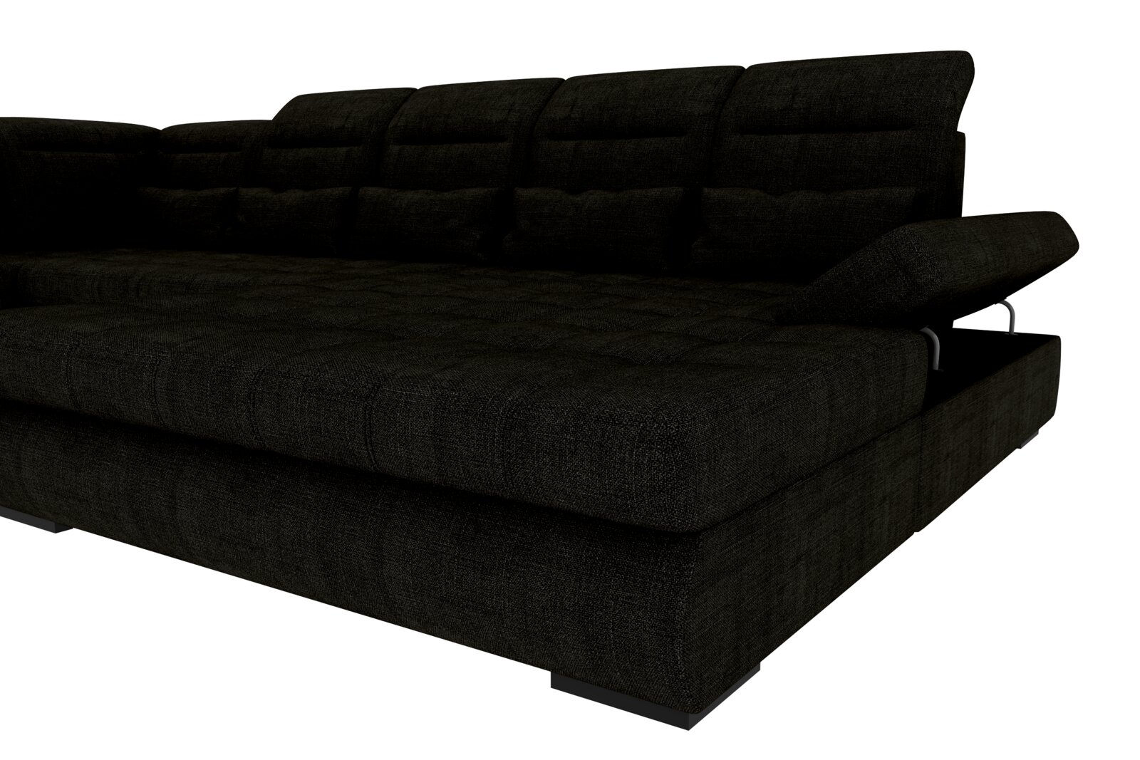Schwarzes Stoff-Schlafsofa mit gepolsterter Rückenlehne und hochgeklappter Armlehne/Stauraum, schräg von vorn rechts auf weißem Hintergrund