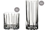 Zwei Arten von Gläsern aus Kristallglas, links ein niedriges Rocks-Glas und rechts ein hohes Highball-Glas, jeweils in einer 4er-Packung, aus der Frontalperspektive.