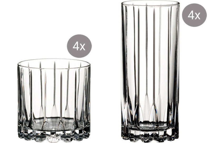 Zwei Arten von Gläsern aus Kristallglas, links ein niedriges Rocks-Glas und rechts ein hohes Highball-Glas, jeweils in einer 4er-Packung, aus der Frontalperspektive.