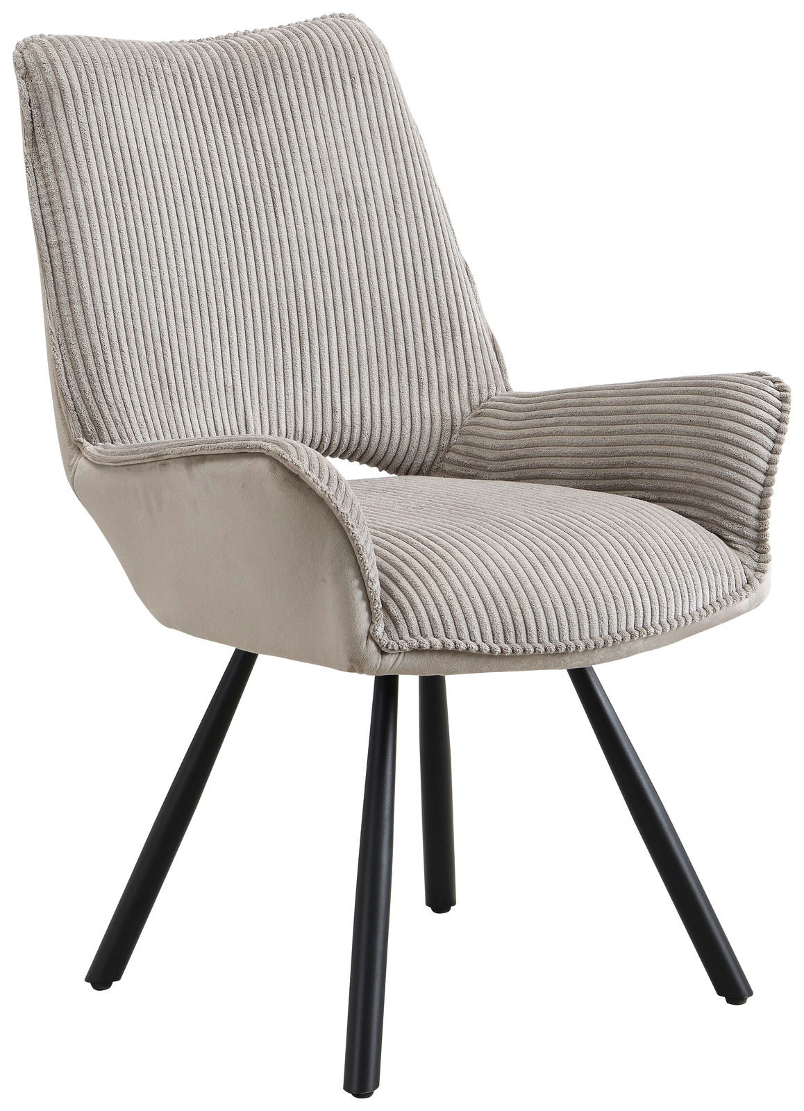 Beiger Armlehnstuhl mit geripptem Stoffbezug und schwarzen Metallbeinen, seitliche Perspektive