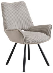 Beiger Armlehnstuhl mit geripptem Stoffbezug und schwarzen Metallbeinen, seitliche Perspektive