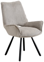 Beiger Armlehnstuhl mit geripptem Stoffbezug und schwarzen Metallbeinen, seitliche Perspektive