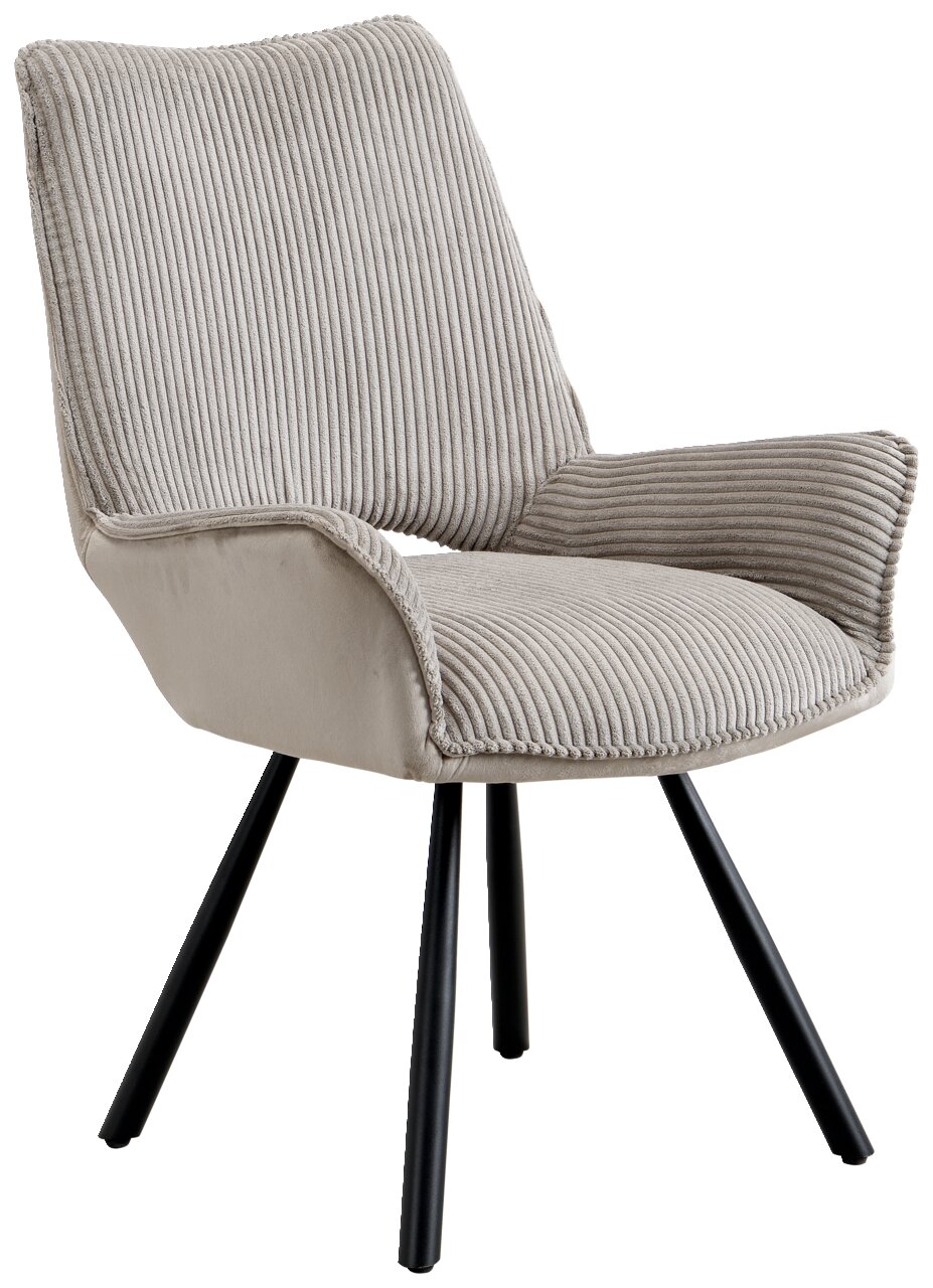 Beiger Armlehnstuhl mit geripptem Stoffbezug und schwarzen Metallbeinen, seitliche Perspektive