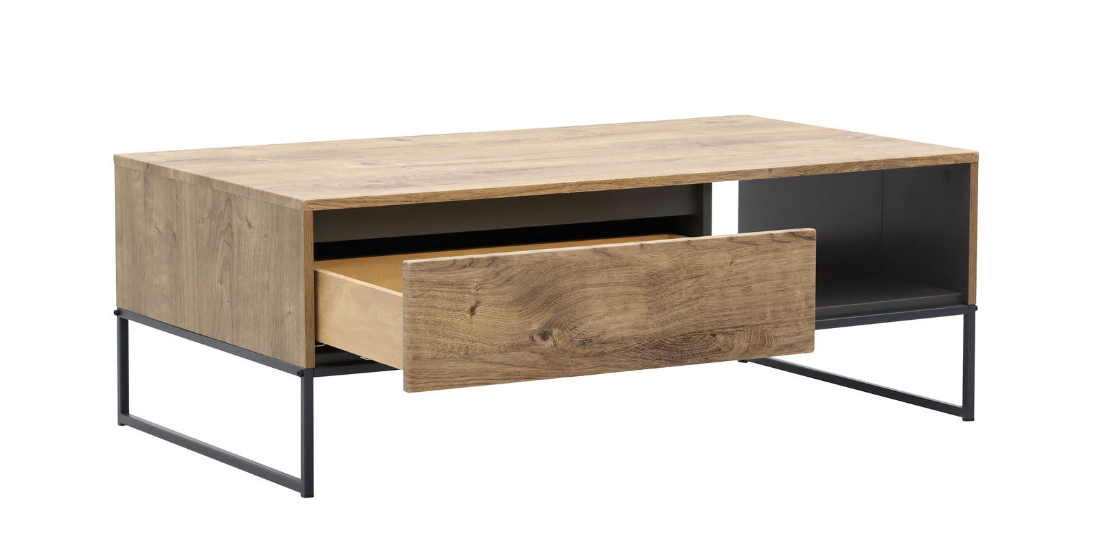Moderner Couchtisch aus Holz mit Metallgestell, Schublade geöffnet, seitliche Perspektive
