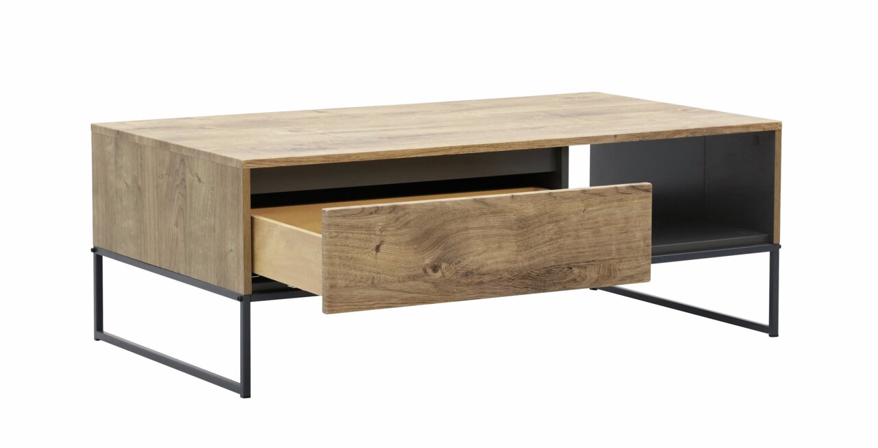 Moderner Couchtisch aus Holz mit Metallgestell, Schublade geöffnet, seitliche Perspektive