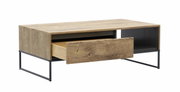 Moderner Couchtisch aus Holz mit Metallgestell, Schublade geöffnet, seitliche Perspektive