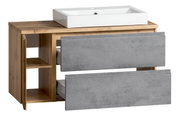 Waschtisch-Set 105 cm mit weißem Waschbecken und Holzoptik, graue Schubladenfronten, seitliche Regalfächer, Frontansicht