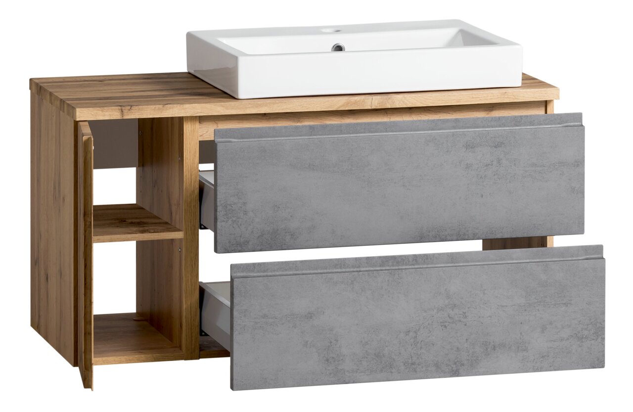 Waschtisch-Set 105 cm mit weißem Waschbecken und Holzoptik, graue Schubladenfronten, seitliche Regalfächer, Frontansicht