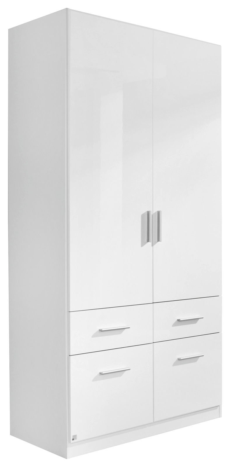 Z2 Drehtürenschrank 2-türig CELLE Zweiflügeliger Drehtürenschrank in Weiß mit vier Schubladen, seitliche Perspektive