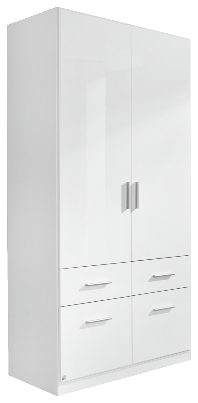 Z2 Drehtürenschrank 2-türig CELLE Zweiflügeliger Drehtürenschrank in Weiß mit vier Schubladen, seitliche Perspektive