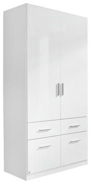 Zweiflügeliger Drehtürenschrank in Weiß mit vier Schubladen, seitliche Perspektive