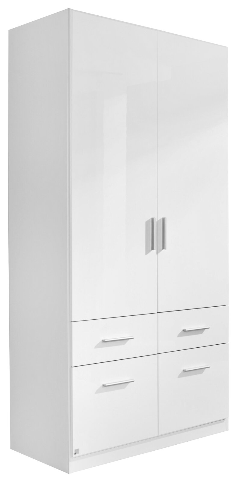 Z2 Drehtürenschrank 2-türig CELLE Zweiflügeliger Drehtürenschrank in Weiß mit vier Schubladen, seitliche Perspektive