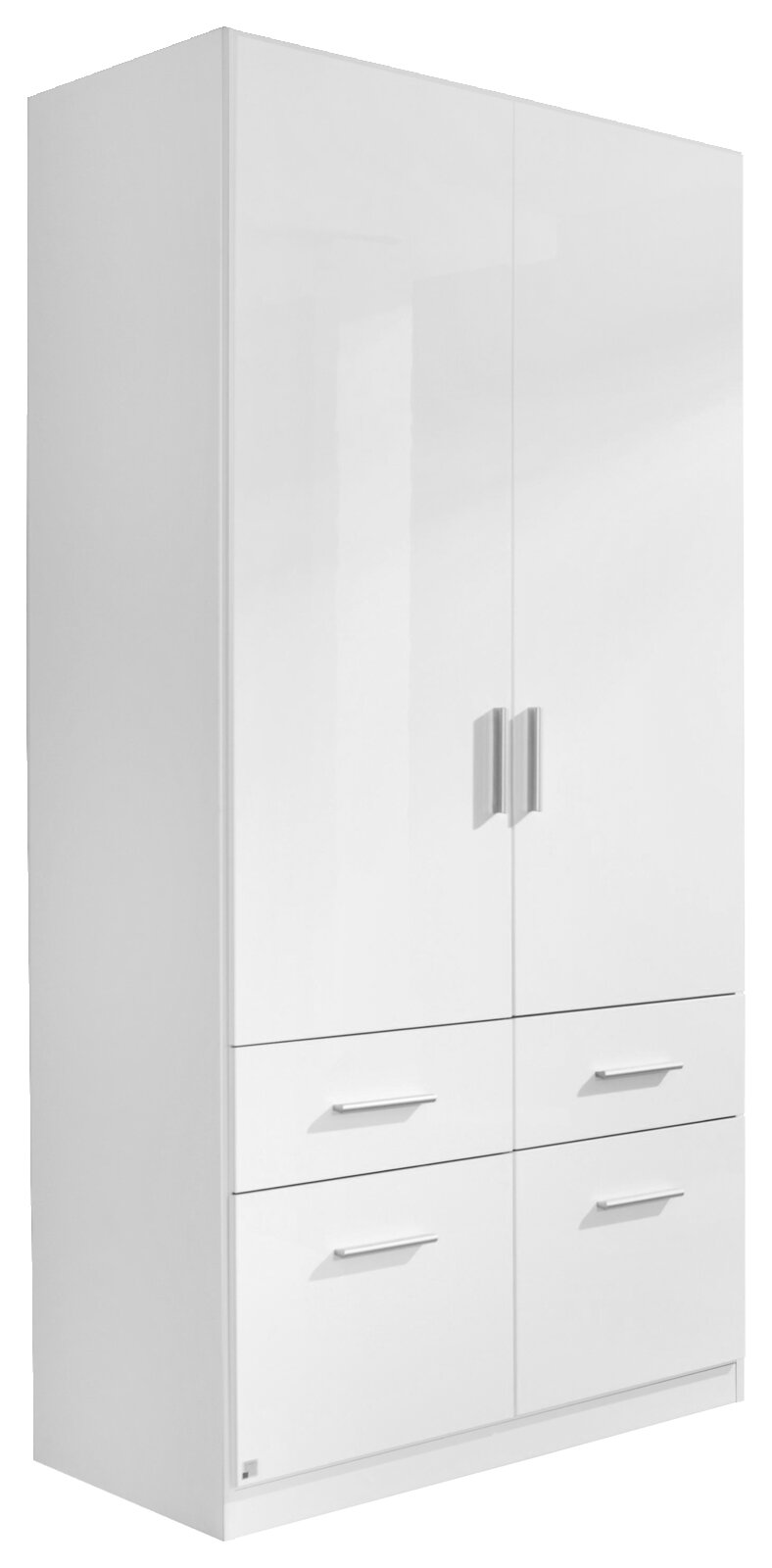 Zweiflügeliger Drehtürenschrank in Weiß mit vier Schubladen, seitliche Perspektive