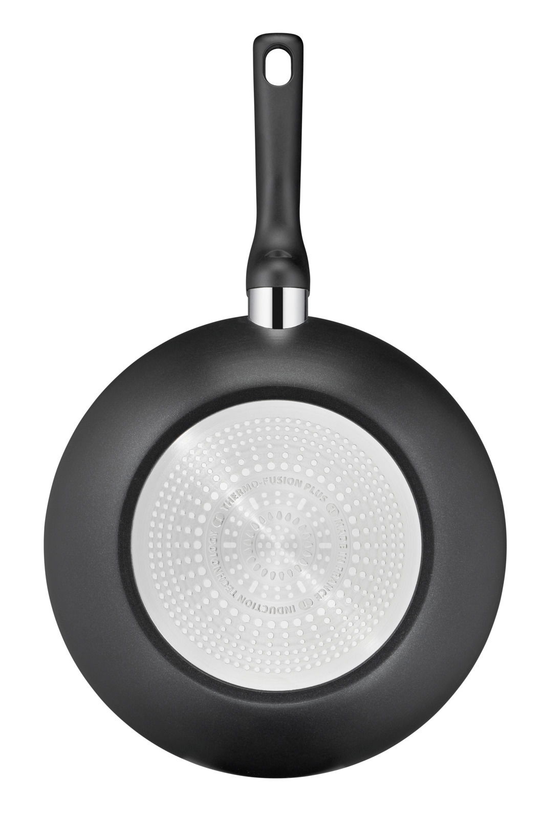 Wokpfanne Titanium 28 cm, Ansicht von unten mit schwarzem Griff und silbernem Boden mit Thermo-Fusion Plus Technologie.