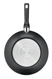 Wokpfanne Titanium 28 cm, Ansicht von unten mit schwarzem Griff und silbernem Boden mit Thermo-Fusion Plus Technologie.