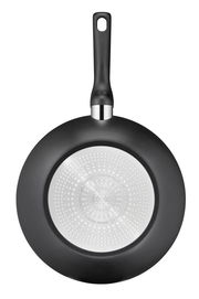 Wokpfanne Titanium 28 cm, Ansicht von unten mit schwarzem Griff und silbernem Boden mit Thermo-Fusion Plus Technologie.