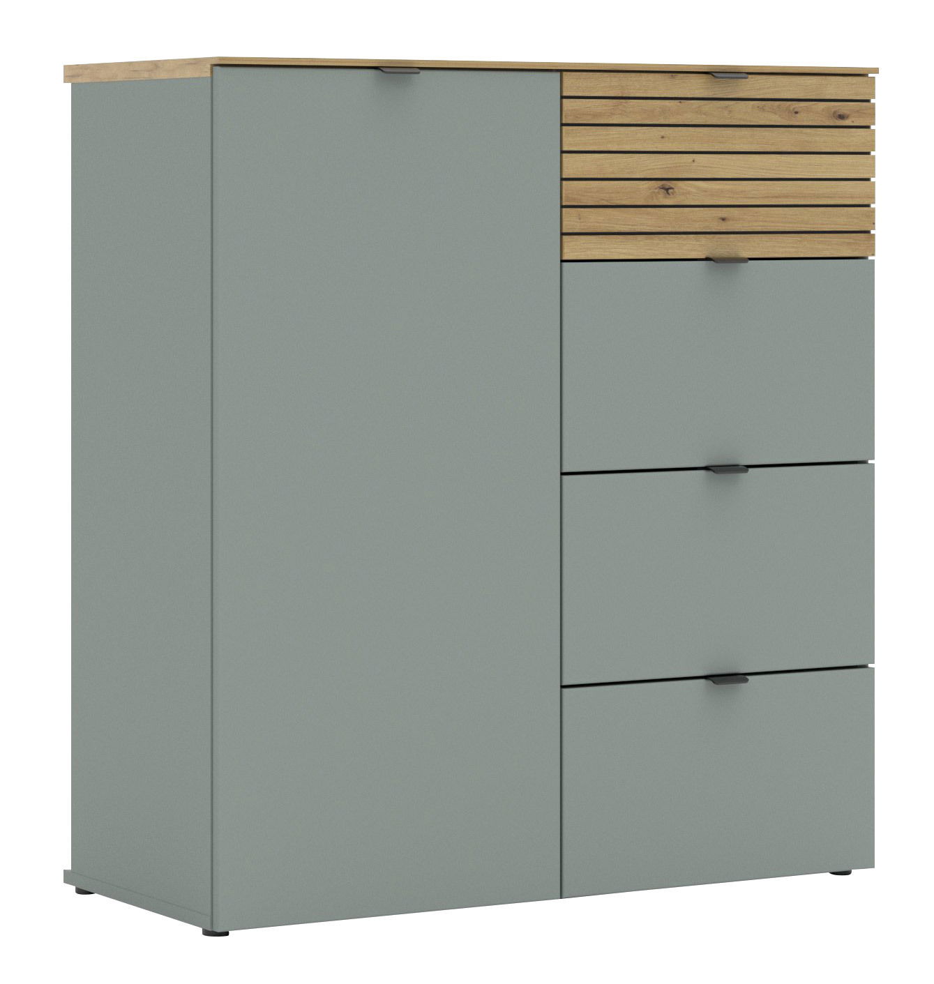 Voleo Kommode DIANA Kommode mit grauer Front und Holzelementen, seitliche Perspektive