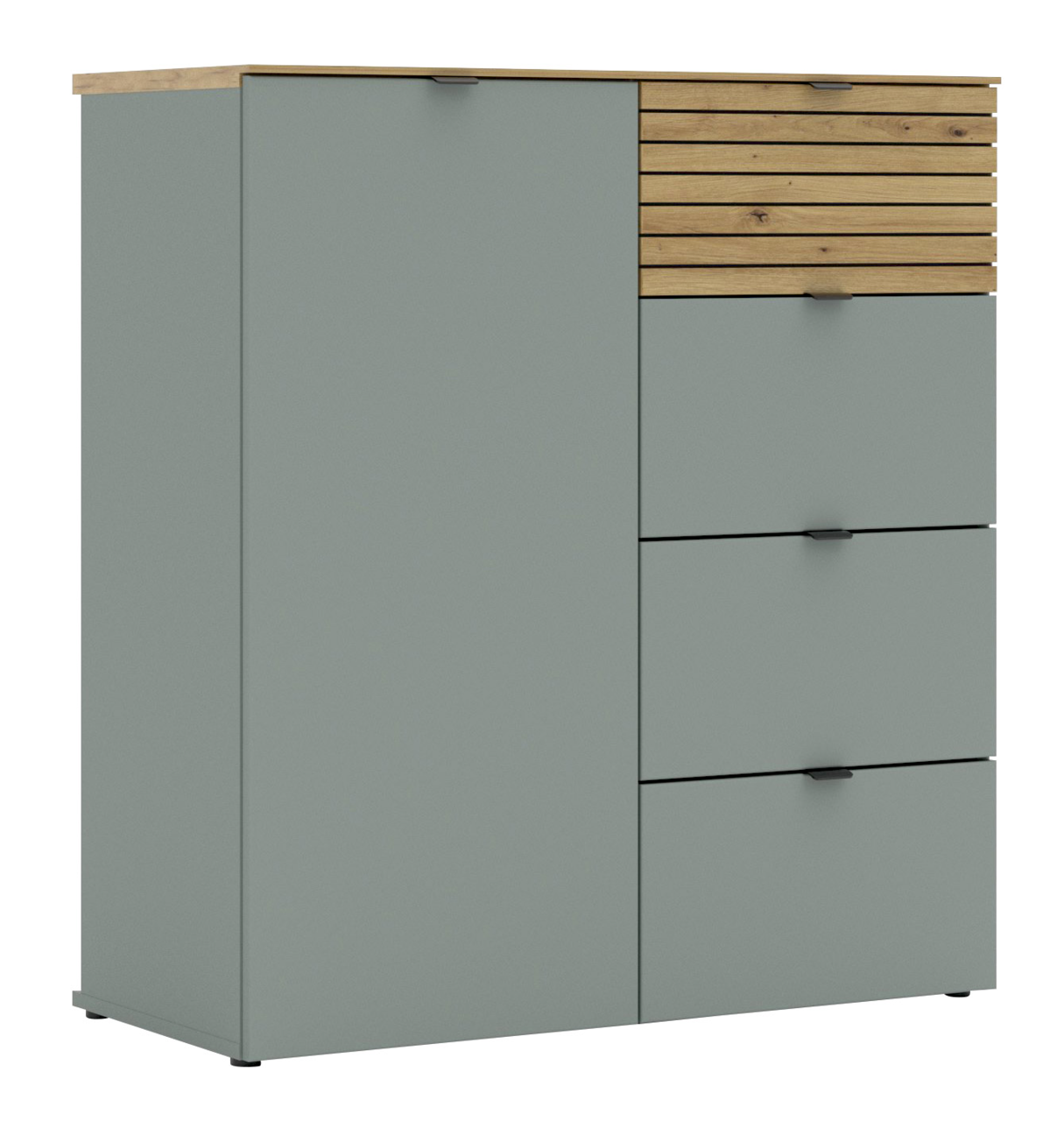 Voleo Kommode DIANA Kommode mit grauer Front und Holzelementen, seitliche Perspektive