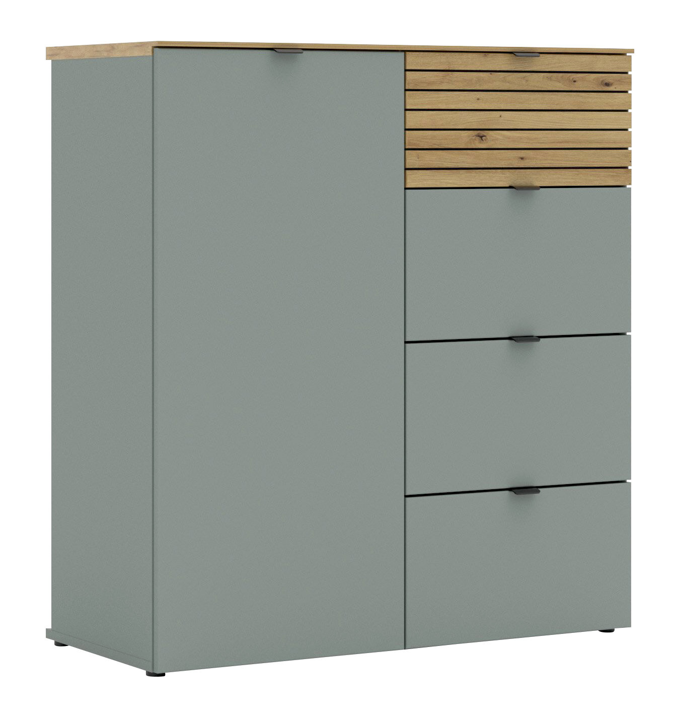 Voleo Kommode DIANA Kommode mit grauer Front und Holzelementen, seitliche Perspektive