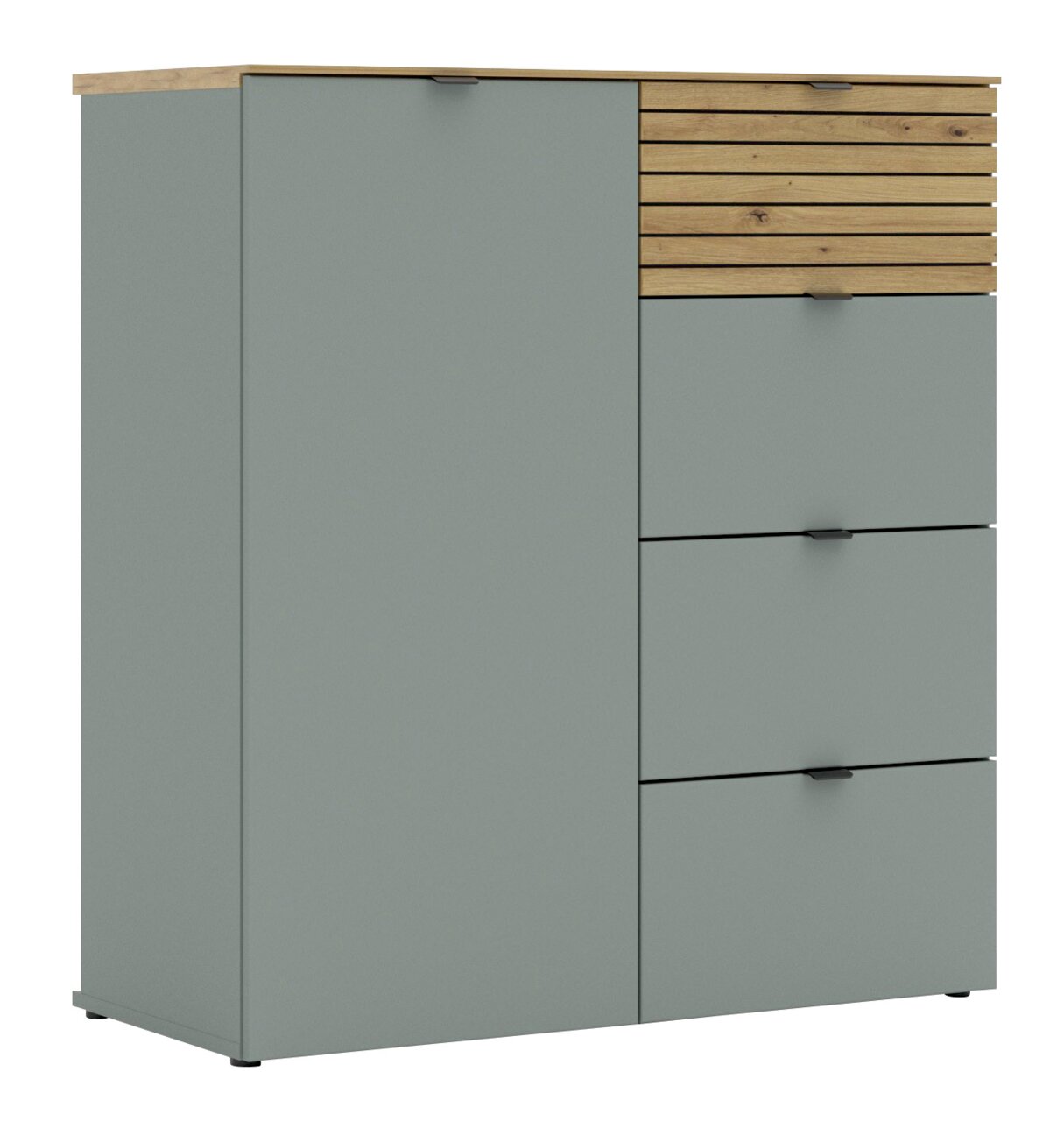 Voleo Kommode DIANA Kommode mit grauer Front und Holzelementen, seitliche Perspektive