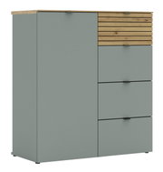 Commode met grijze voorkant en houten elementen, zijaanzicht