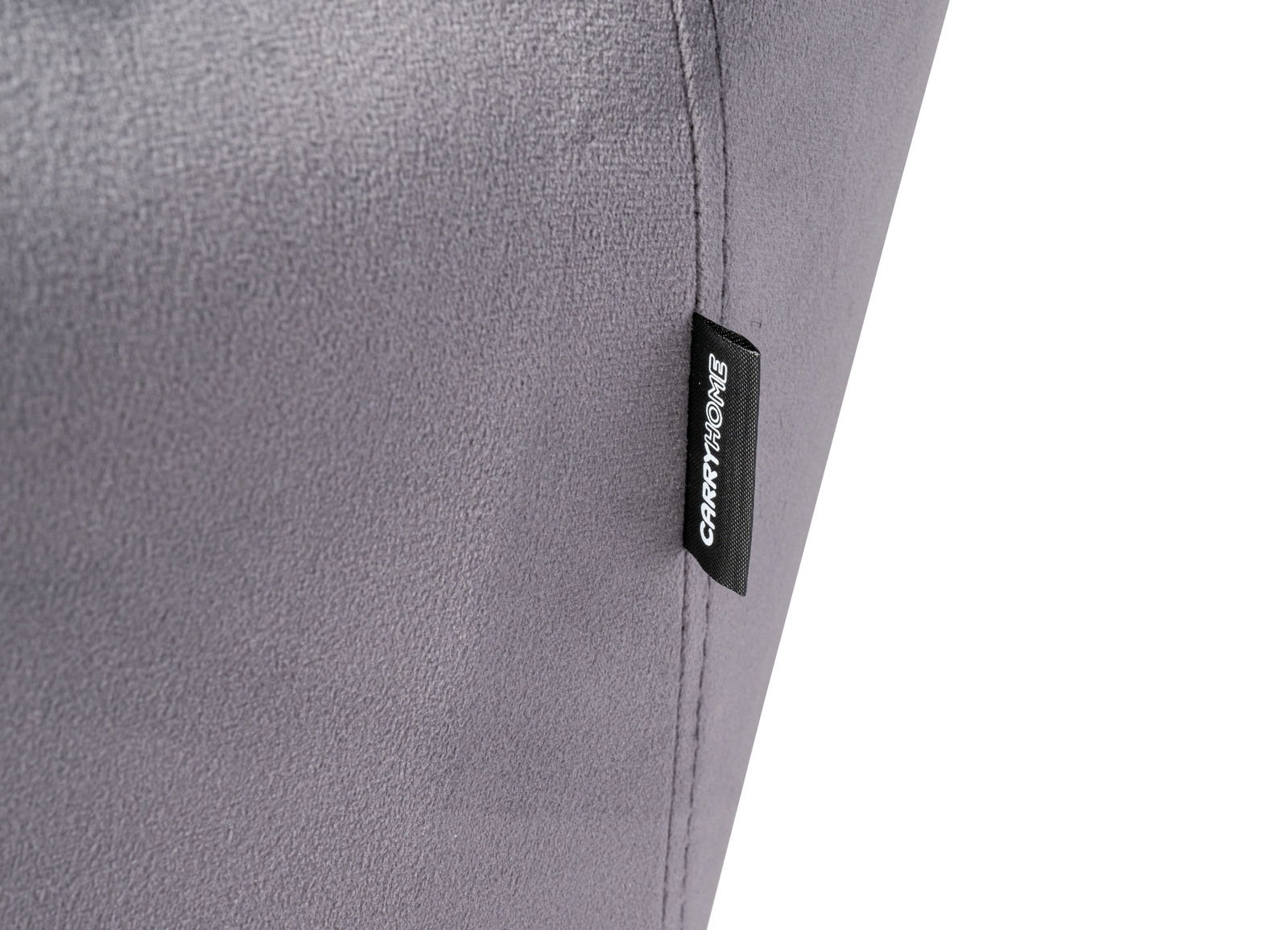 Nahaufnahme eines grauen Drehstuhls mit einem schwarzen Etikett der Marke CARRYHOME an der Seite.