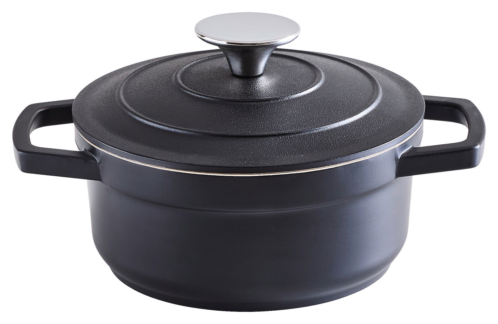 Schwarzer Kochtopf mit Deckel und zwei Griffen, seitliche Perspektive
