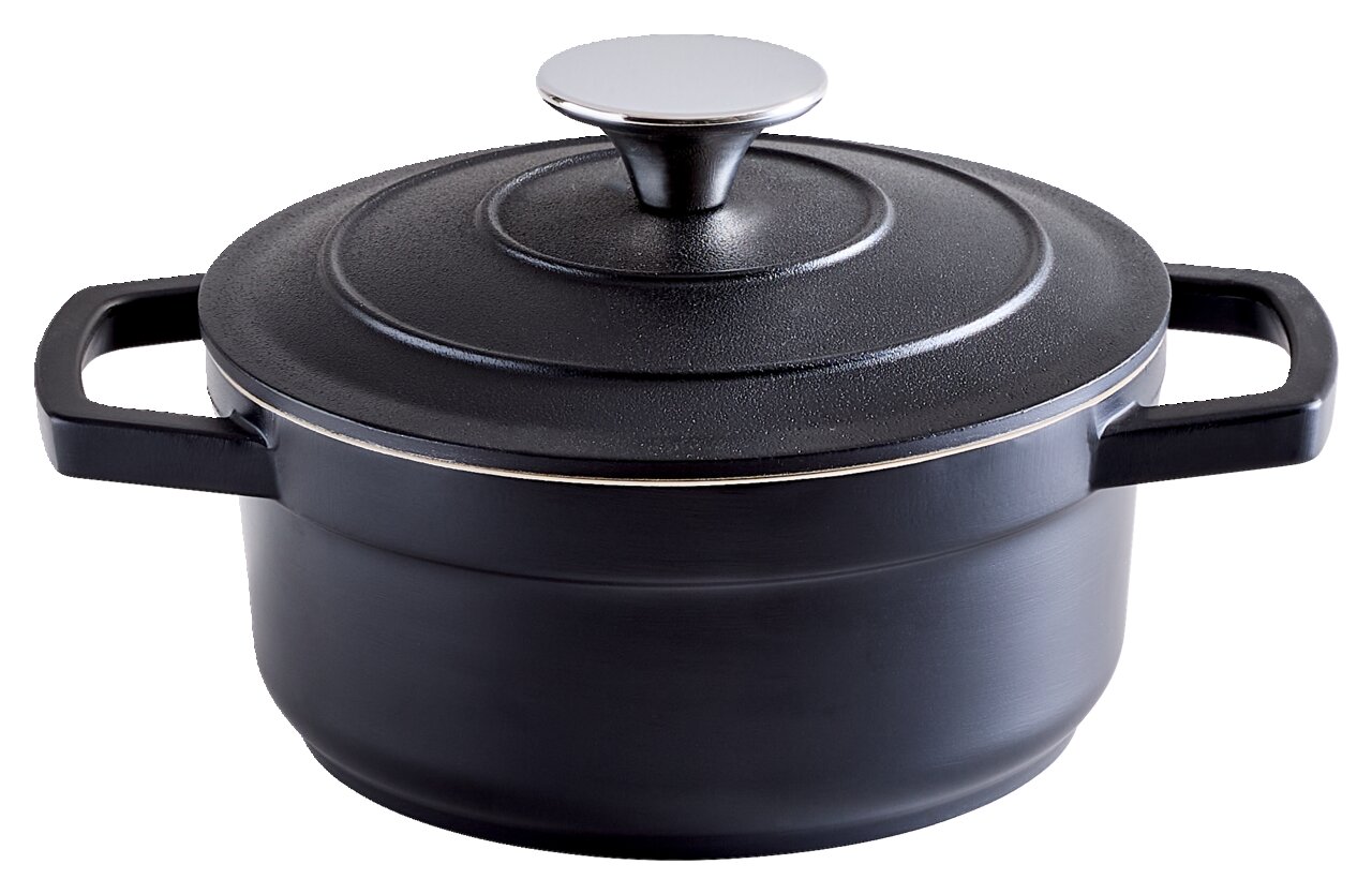 Homeware Kookpan 16 cm Zwarte kookpan met deksel en twee handvatten, zijaanzicht