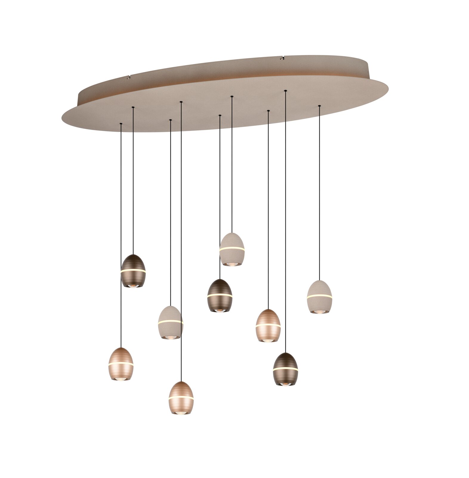 TRIO SELECT LED-hanglamp BEDFORD Moderne ovale plafondlamp met meerdere hangpendels en eivormige lampkappen in brons- en beige tinten, studio-opname vanuit schuin onderaanzicht