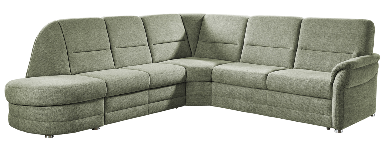 Beldomo Comfort Eckgarnitur QUEENLINE Grüne Eckgarnitur aus Stoff, perspektivisch von vorne links fotografiert.